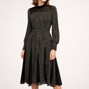 BCBGMaxAzria Sheer Yoke Polka Dot Midi Dress Dark Academia Long Sleeve 0